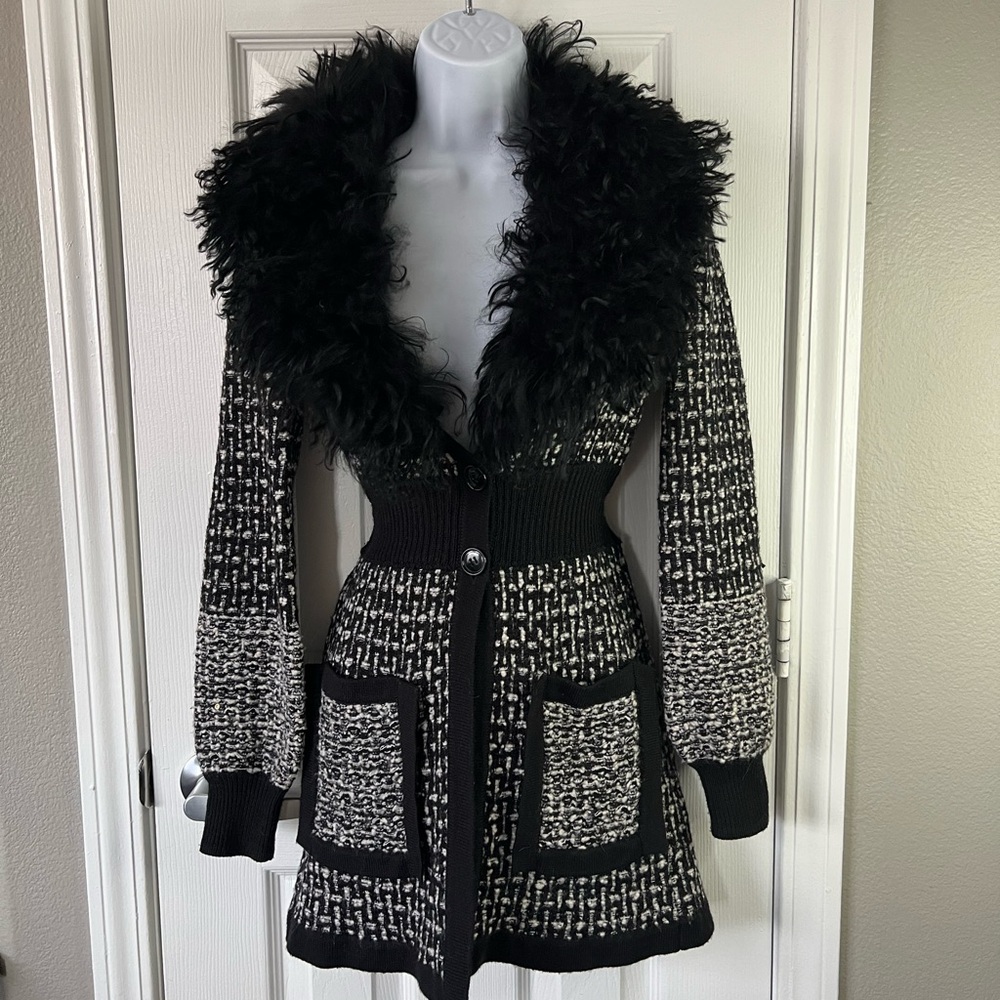 Nanette Lepore Black Wool Mongolian Sheep Fur Riesling Sweater Coat size XSmall